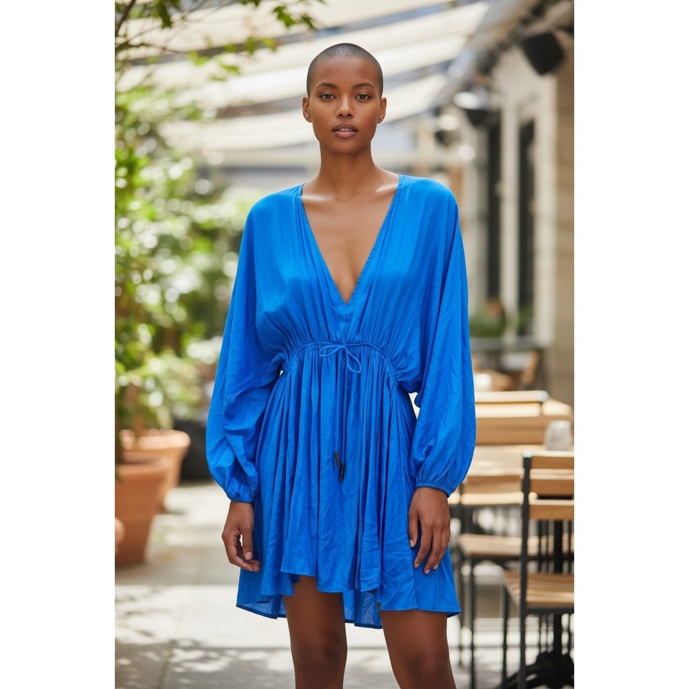 Lumiere Womens Cobalt Blue Deep V-Neck Dolman Sleeve Mini Dress Small NEW